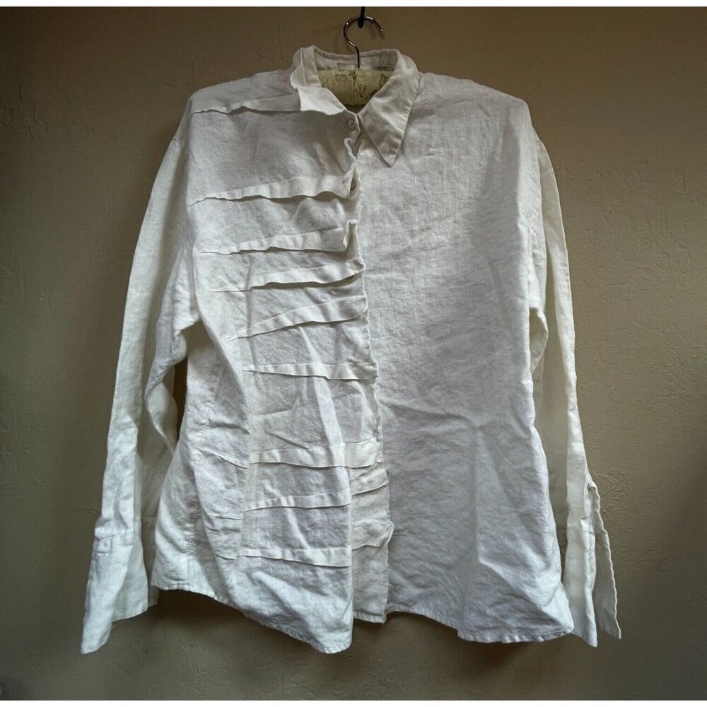 Chico's Design Womens Shirt Button Down Pleated Long Sleeve Size 1 Ivory Linen